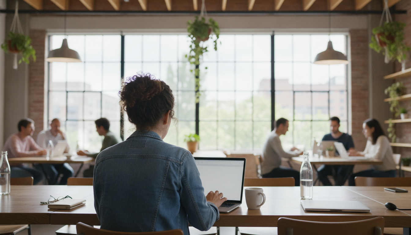 People working on laptops in a modern co-working space, diverse group, bright and airy atmosphere