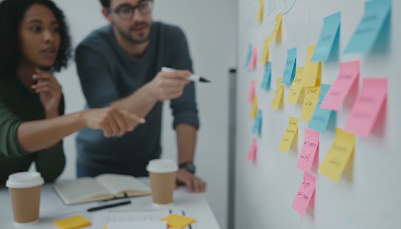 Close-up of a digital marketing team brainstorming ideas, focus on a whiteboard with colorful sticky notes
