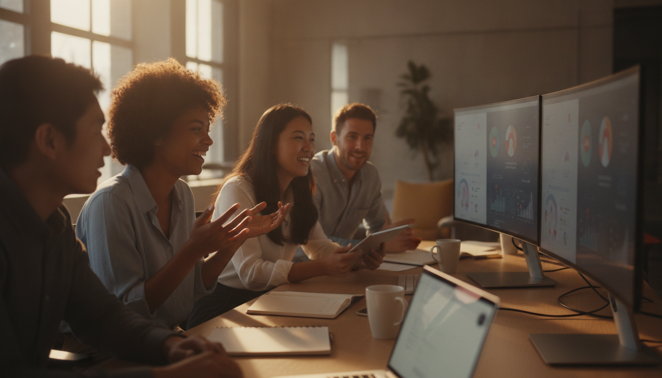 humanização de marca — A team of diverse individuals in a bright office space, engaging in a lively discussion with social media dashboards on screens, capturing the essence of collaboration and strategy planning.