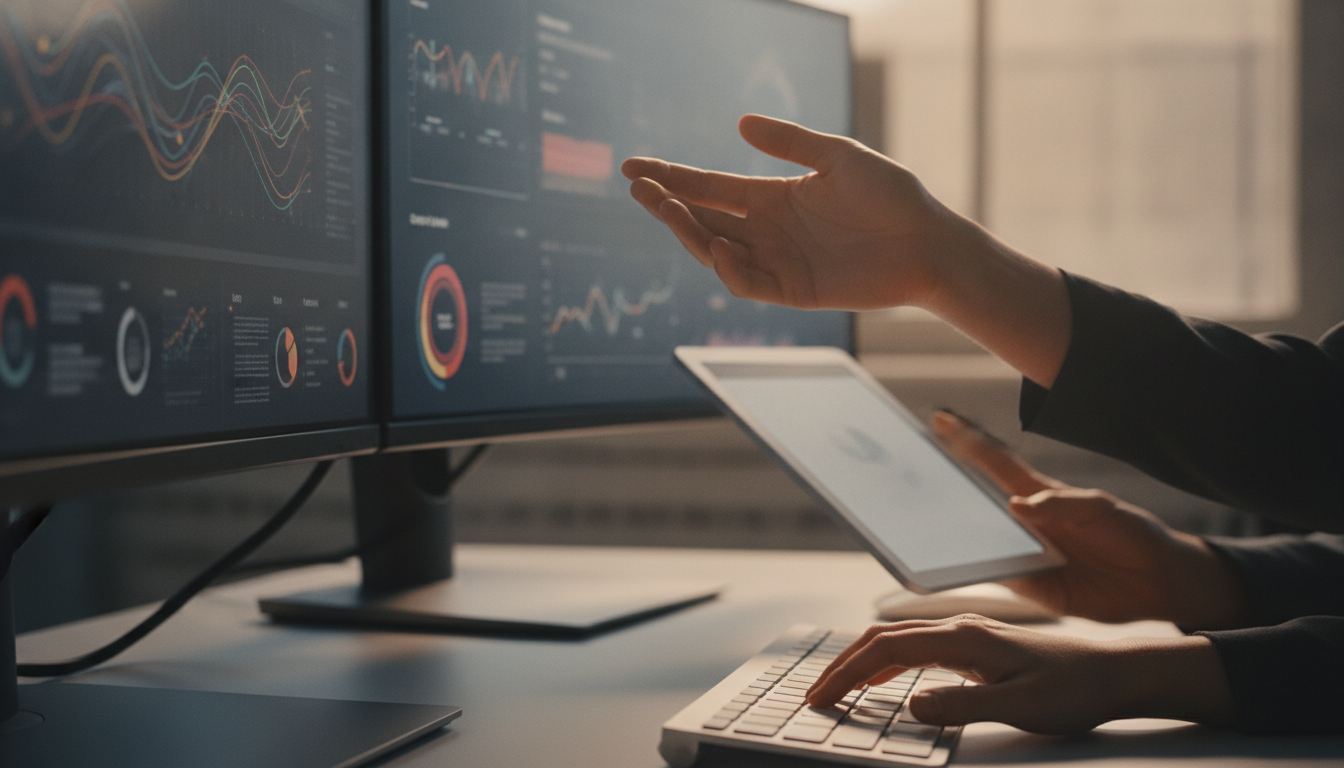 análise preditiva — A modern office with people analyzing dashboards, soft natural lighting, professional photography style