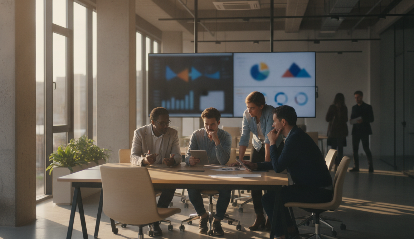 análises de comportamento — A modern office with people analyzing dashboards, soft natural lighting, professional photography style