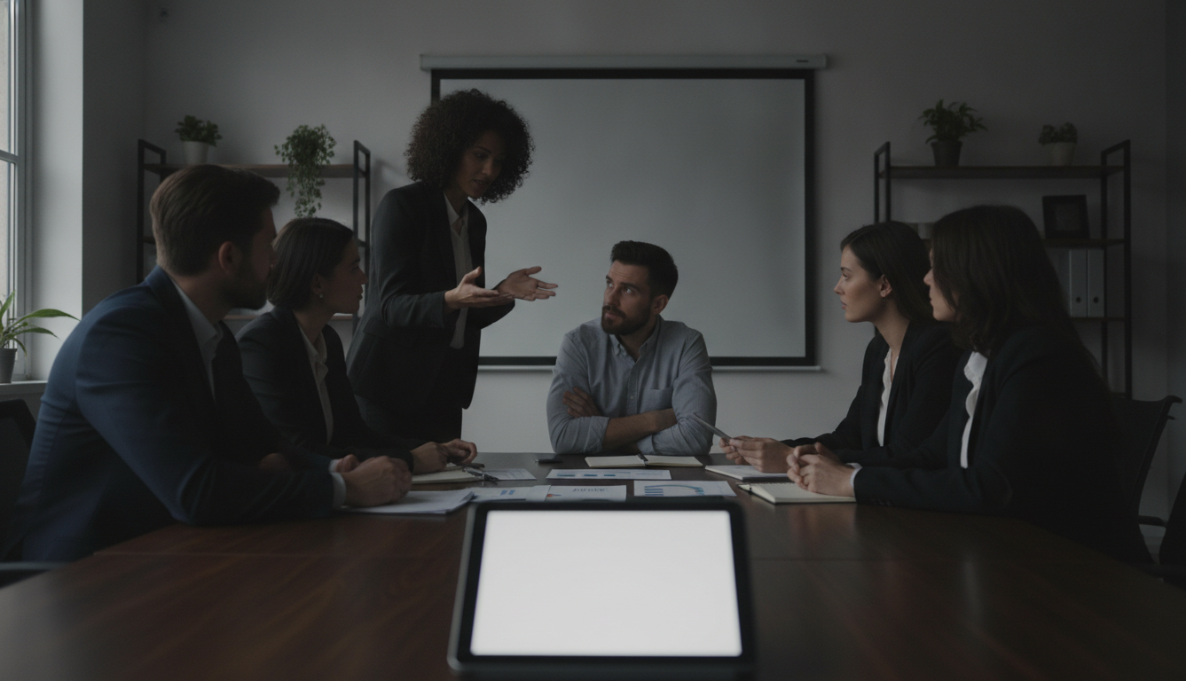 A team of professionals discussing digital strategy in a modern office, natural light, business attire