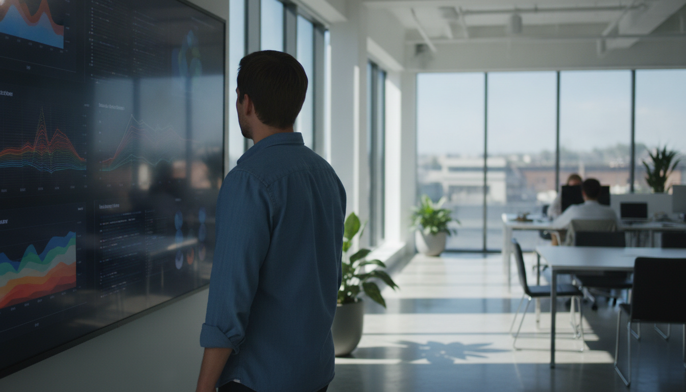 SEO e desenvolvimento — A modern office with people analyzing dashboards, soft natural lighting, professional photography style