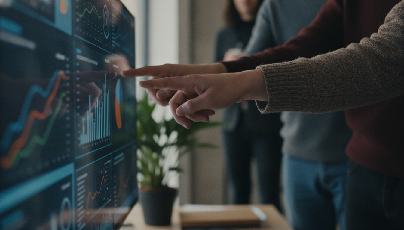 presença digital — A modern office with people analyzing dashboards, soft natural lighting, professional photography style