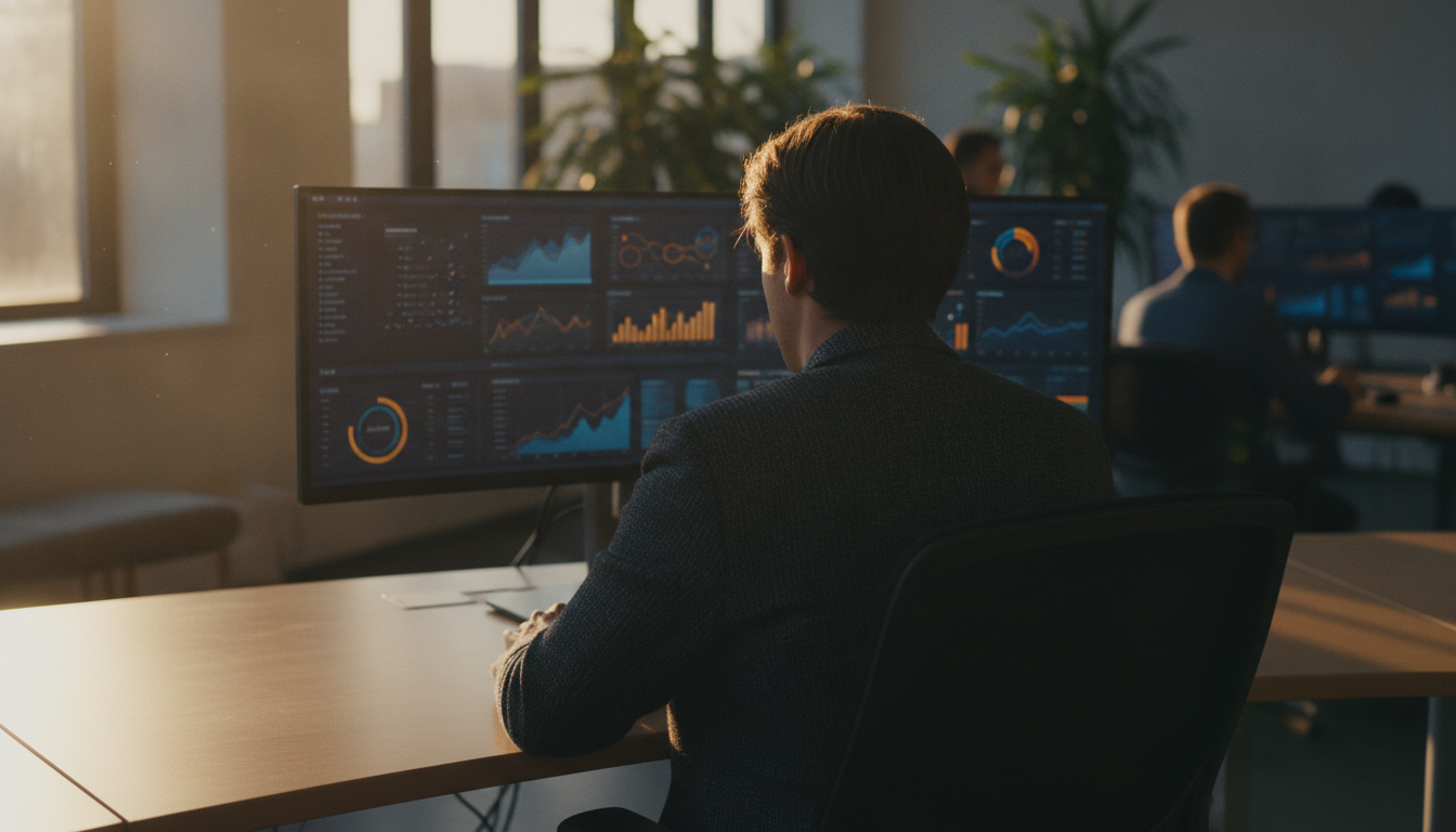 provedor de serviços digitais — A modern office with people analyzing dashboards, soft natural lighting, professional photography style