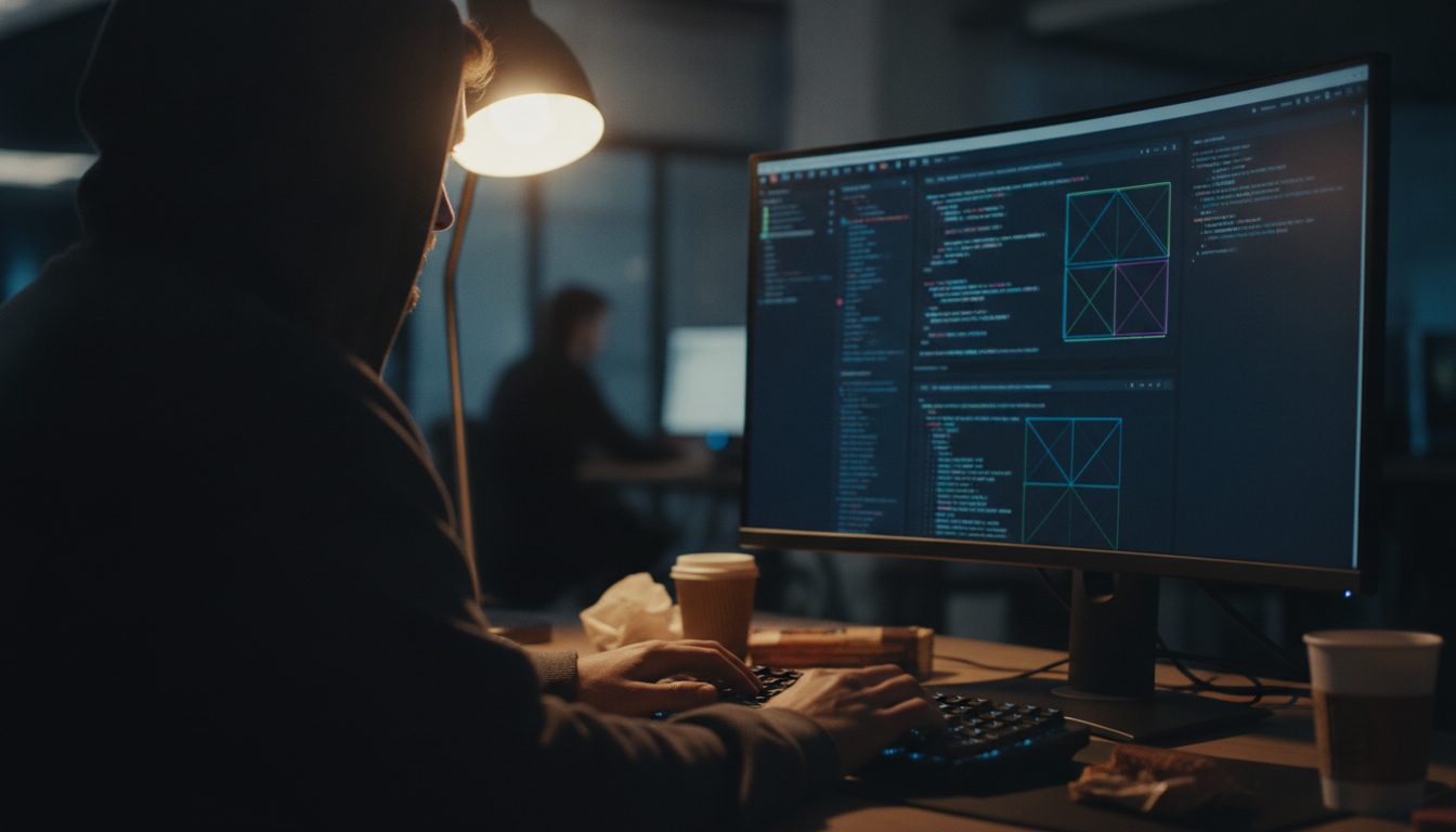 site personalizado — A team of developers working on a customized website, with computer screens displaying code and design elements in a modern office setting