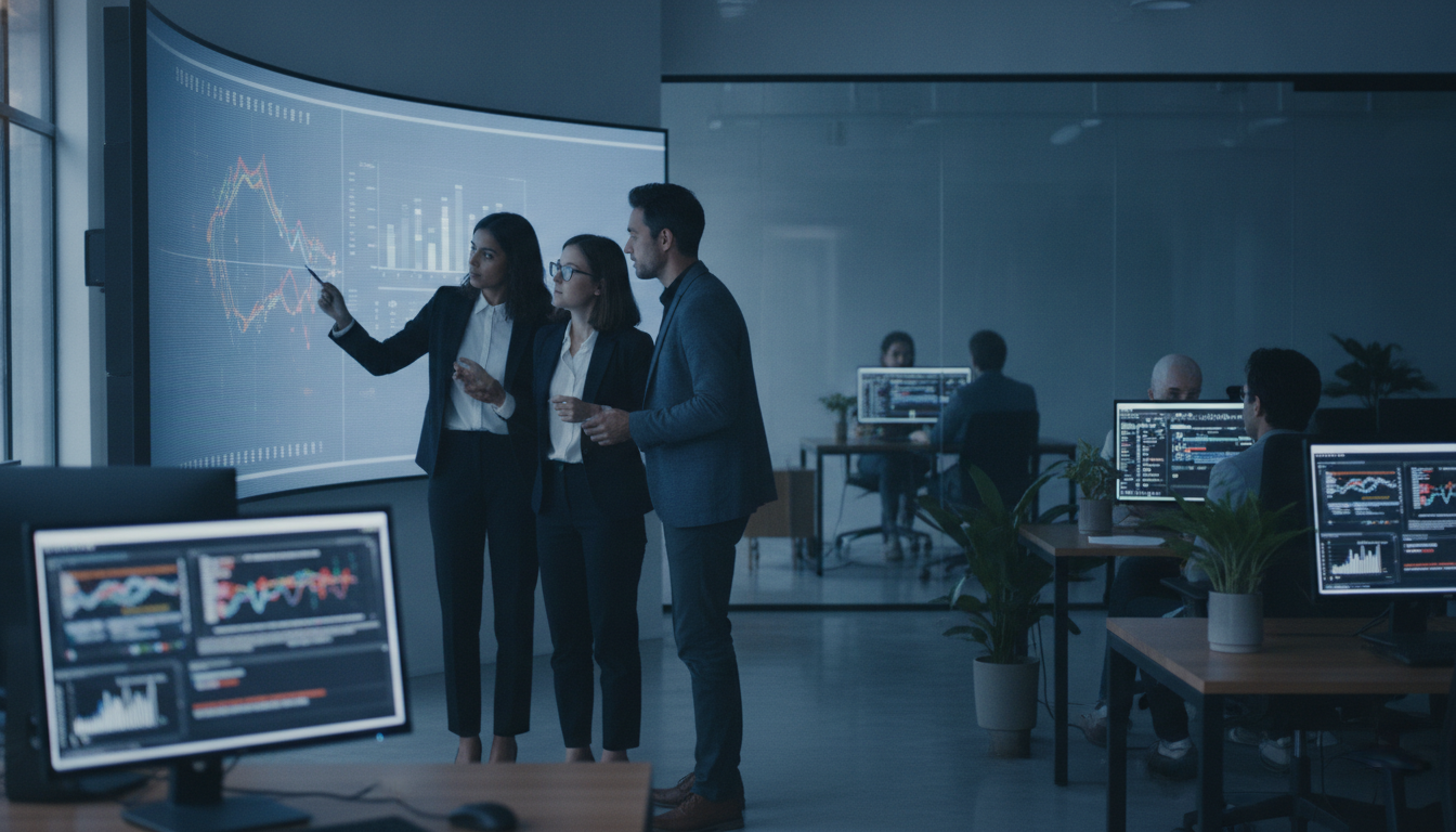 marketing visual — A modern office with people analyzing dashboards, soft natural lighting, professional photography style