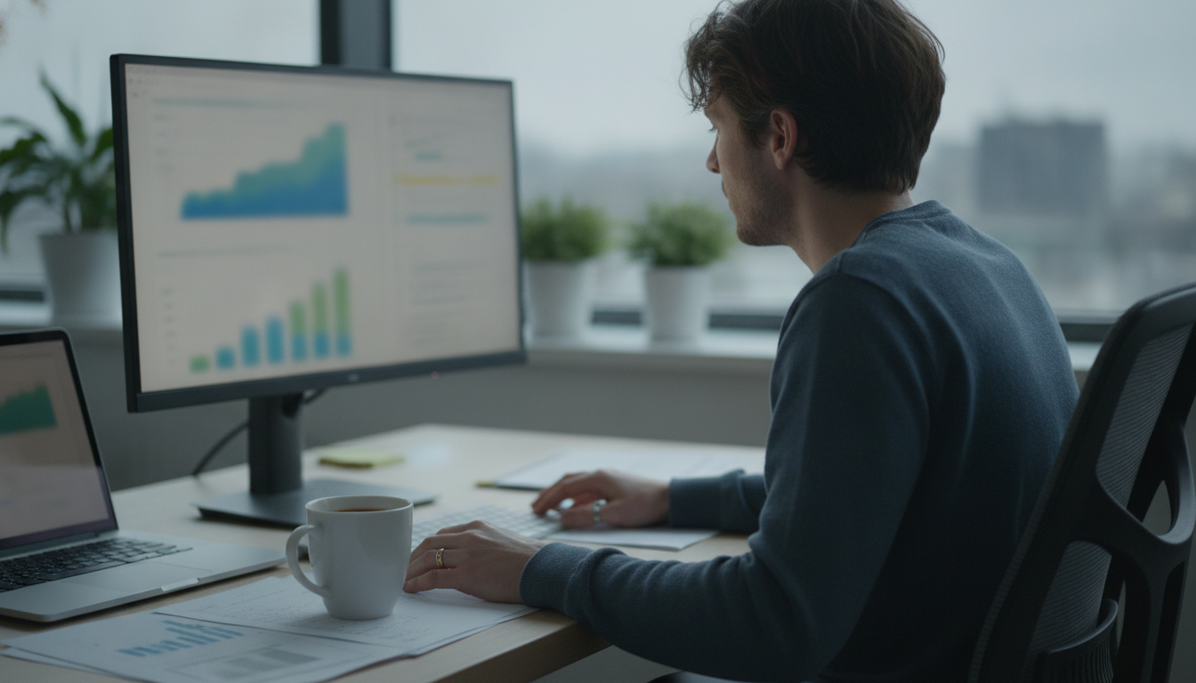 A digital marketer analyzing graphs on a computer screen, a cup of coffee on the desk, and a bright workspace