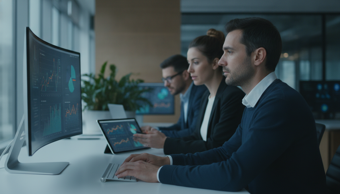 gestão de conteúdo — A team of professionals working on content management systems in a modern office, with digital screens showcasing analytics graphs, bright natural lighting