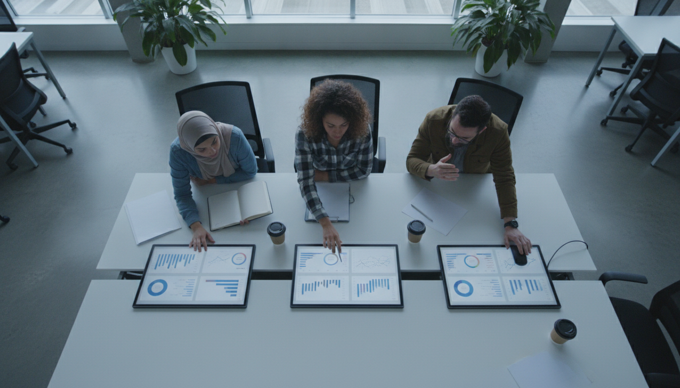 auditorias de site — A modern office with people analyzing dashboards, soft natural lighting, professional photography style