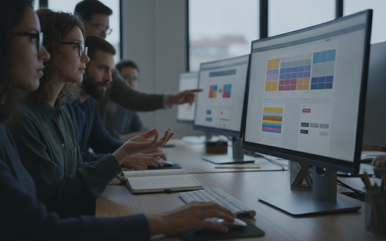 sites conversivos — A busy office environment with people working on different computer screens showing website designs, bright lighting, modern photography style