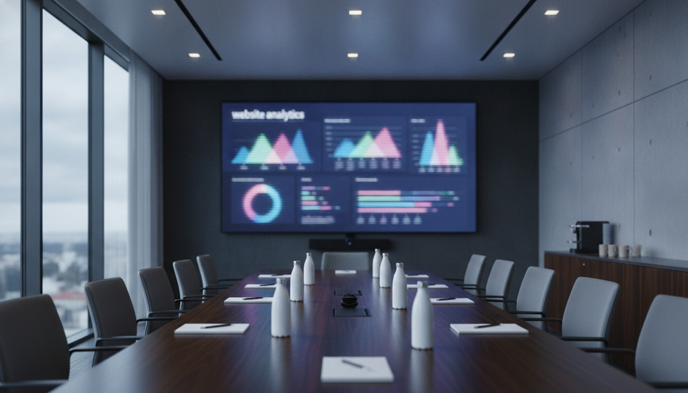 A team meeting in a modern conference room with a large digital screen displaying website analytics, professional and dynamic atmosphere