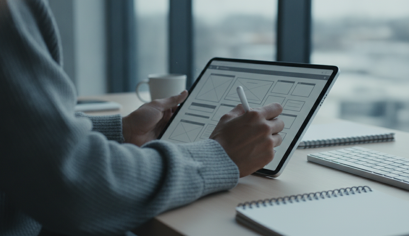 A close-up of a designer's hands working on a tablet with website wireframes, modern workspace, creative and focused atmosphere