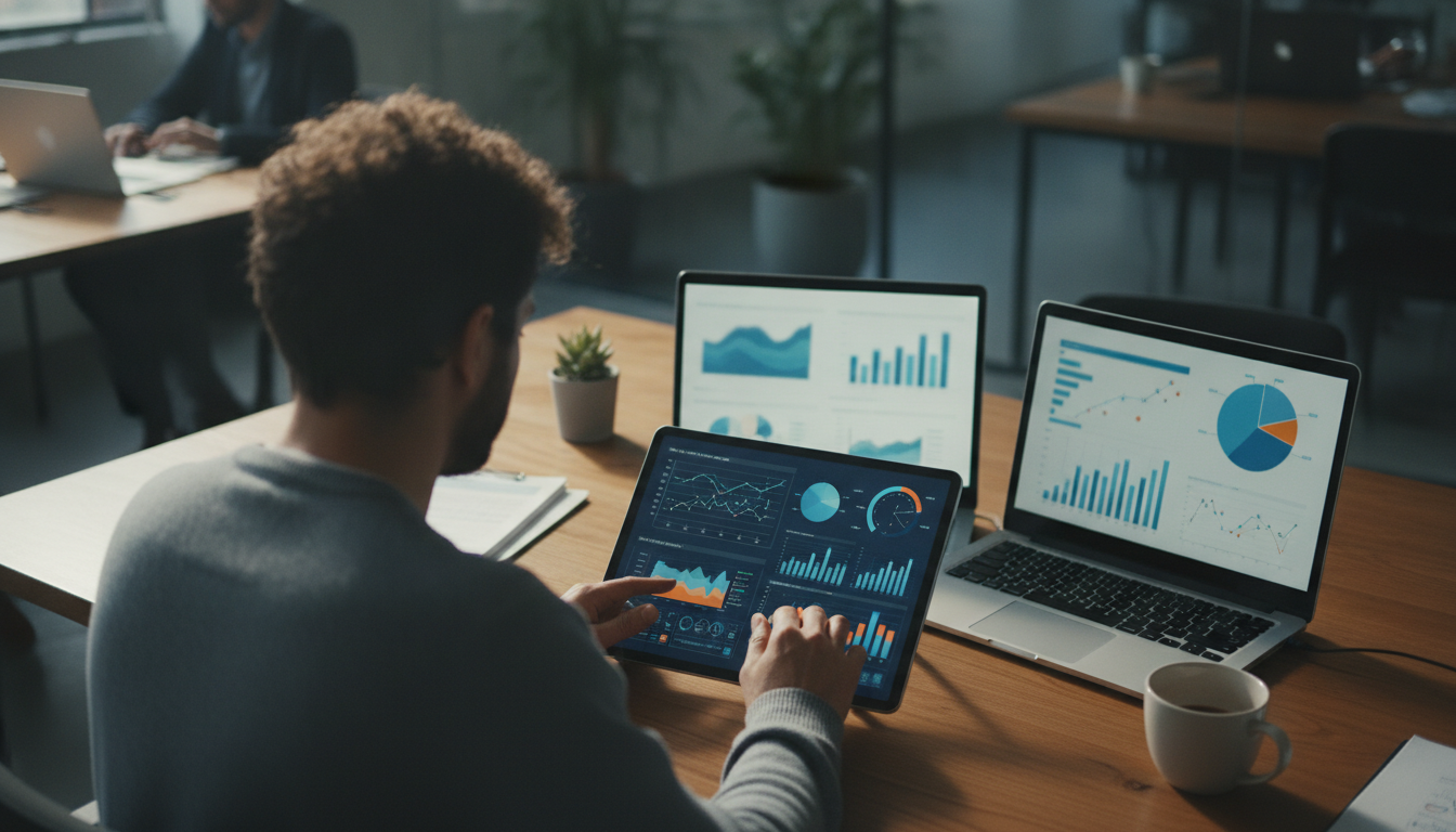 automação redes sociais — A modern office with people analyzing dashboards, soft natural lighting, professional photography style