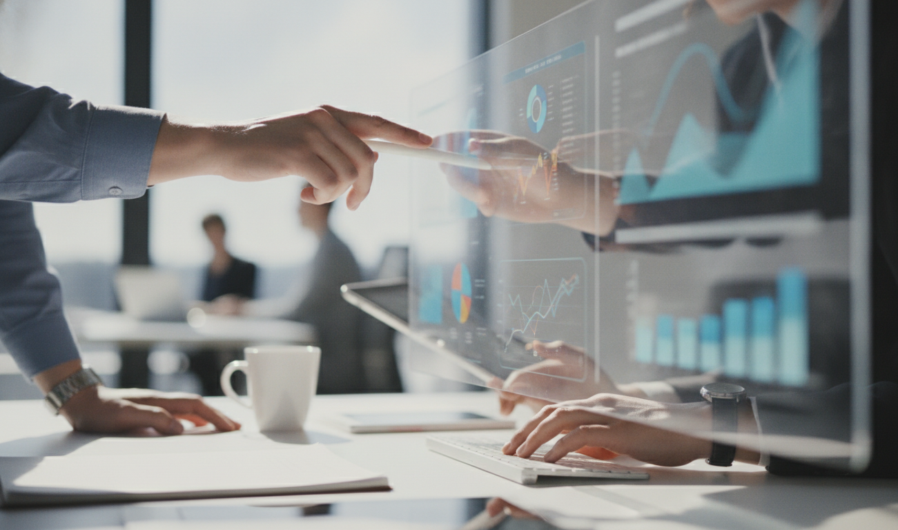 SEO técnico — A modern office with people analyzing dashboards, soft natural lighting, professional photography style