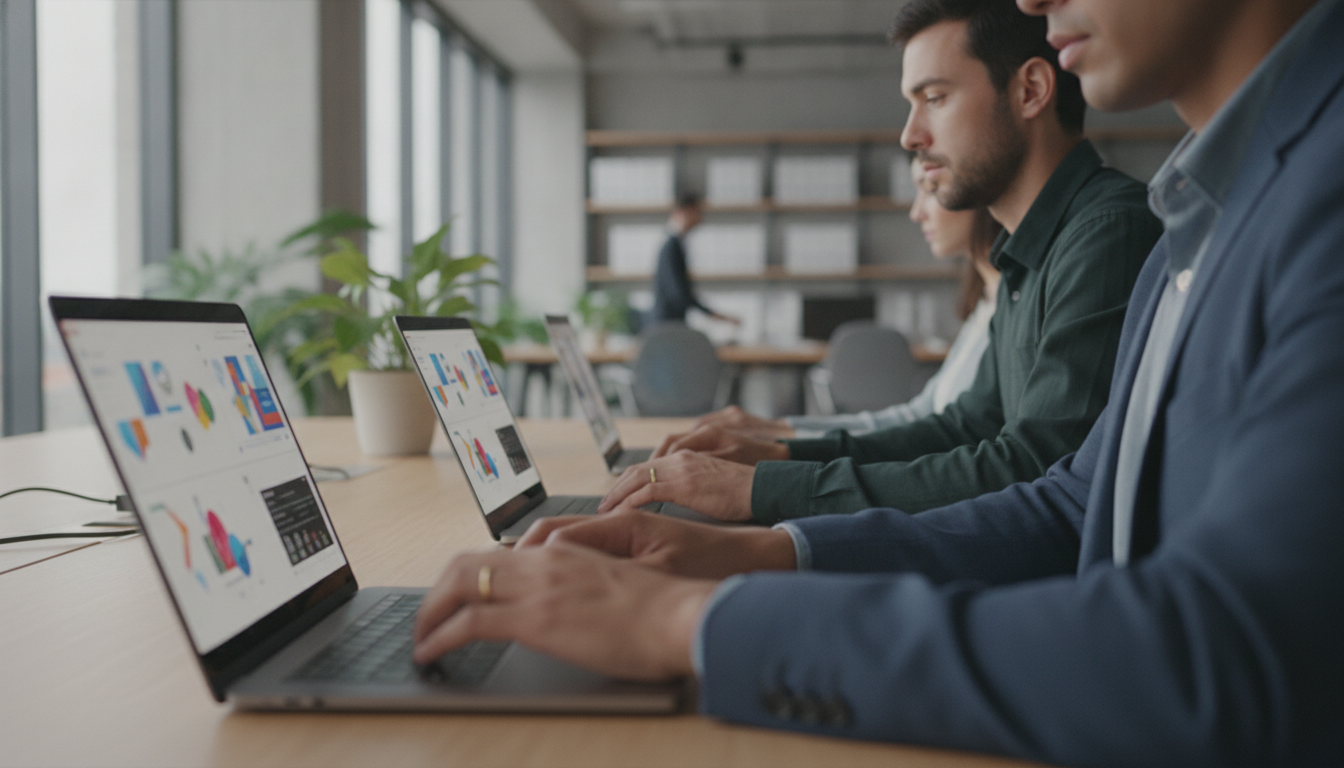 A team of diverse professionals working on laptops in an open office setting, modern design, bright lighting