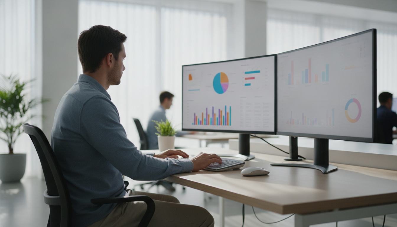 storytelling digital — A modern office with people analyzing dashboards, soft natural lighting, professional photography style