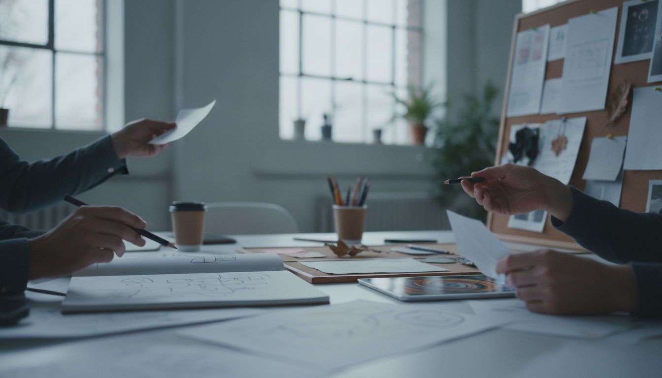 A creative team brainstorming ideas in a bright, collaborative workspace, moodboards and sketches visible