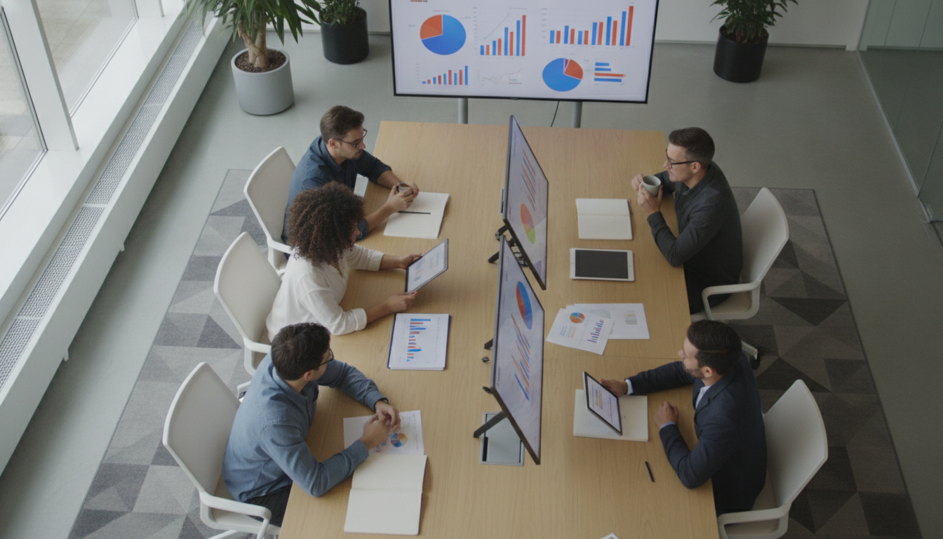 design responsivo — A modern office with people analyzing dashboards, soft natural lighting, professional photography style