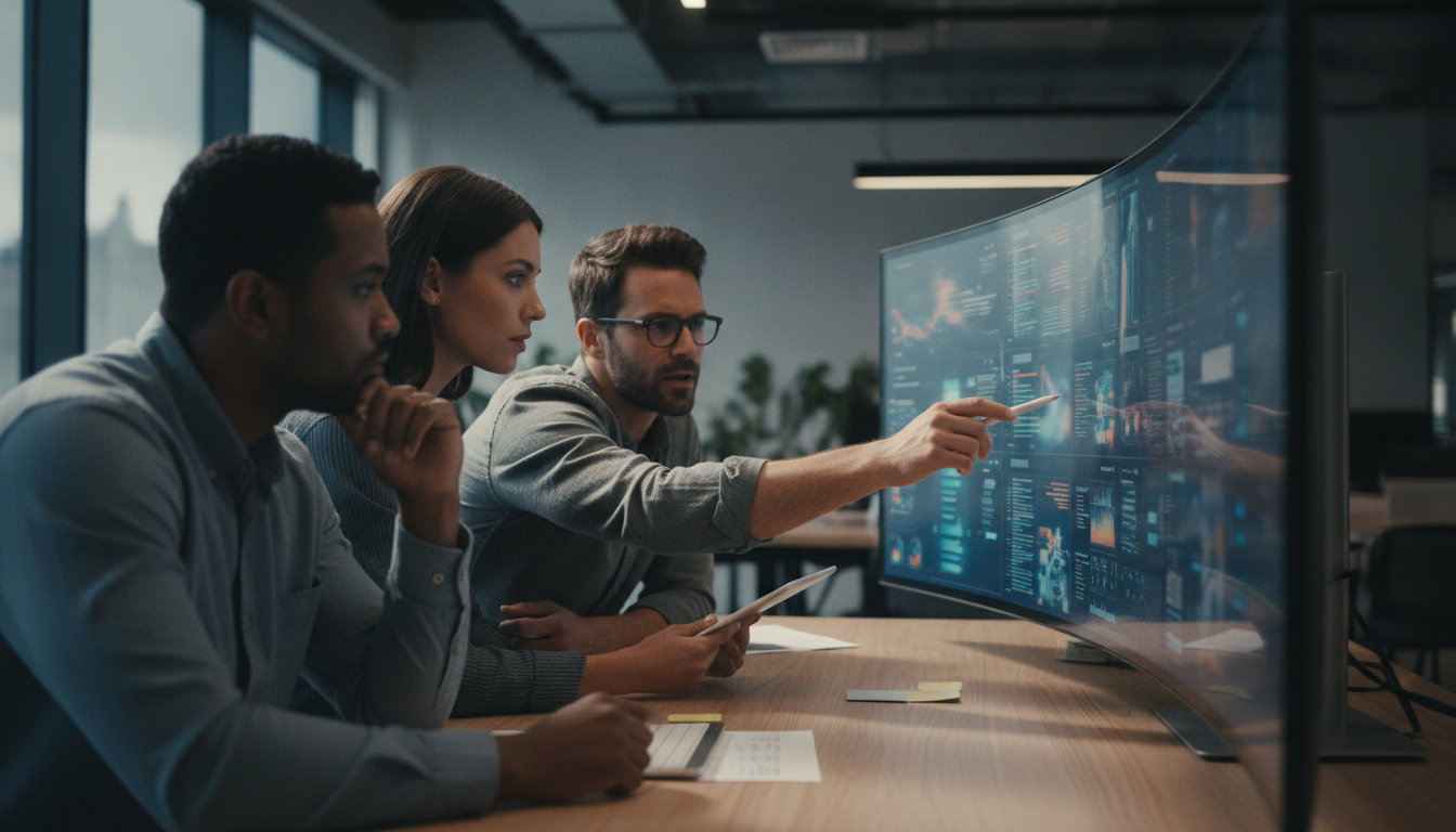 plataforma de e-commerce — A modern office with people analyzing dashboards, soft natural lighting, professional photography style