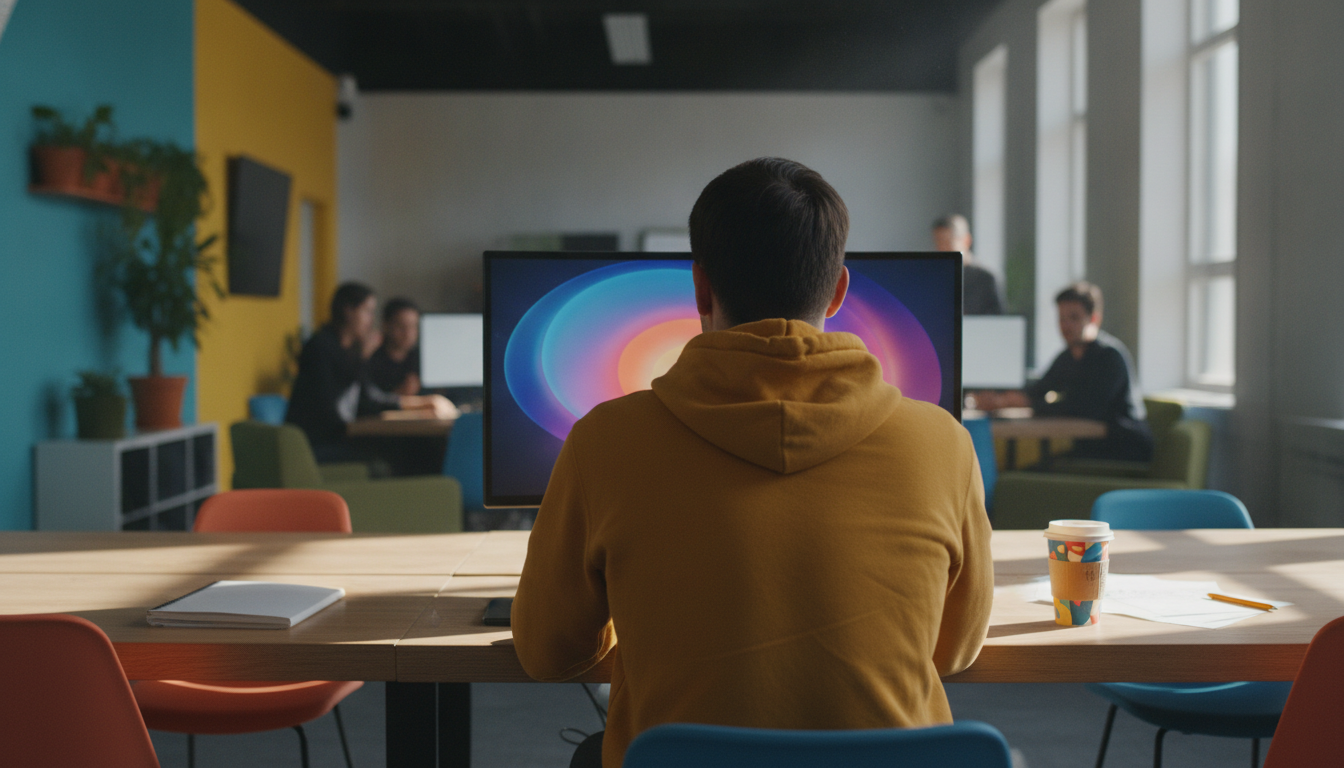 estratégia digital — A vibrant social media workspace with diverse people collaborating, bright colors, modern style