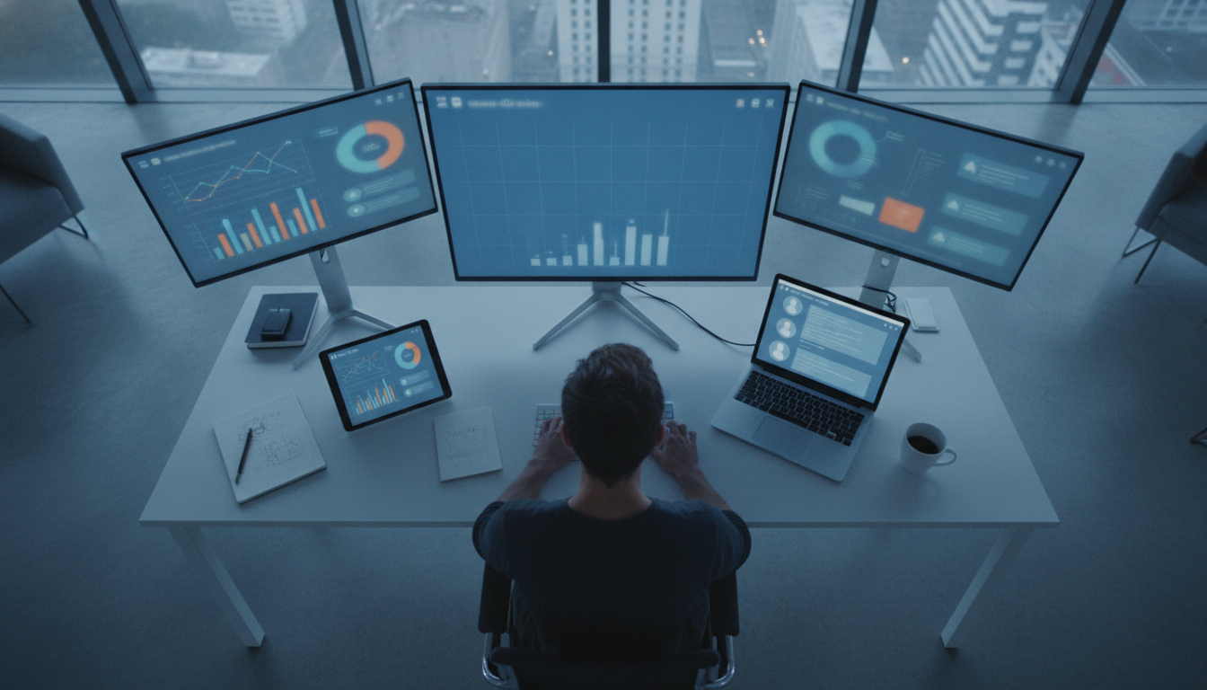 otimização de perfis — A digital marketing team collaborating in an office, with screens displaying social media analytics, modern style