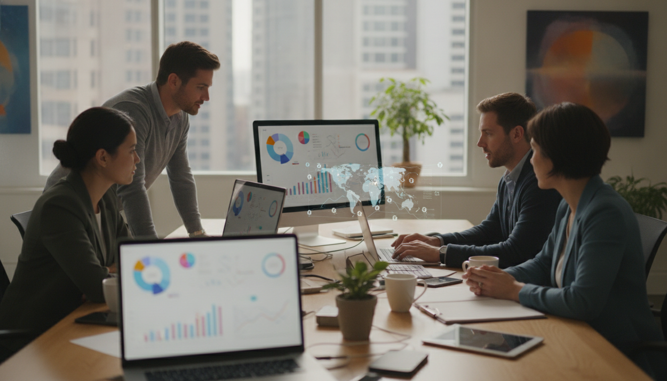 A group of professionals working on social media strategies in a modern office, computers displaying analytics
