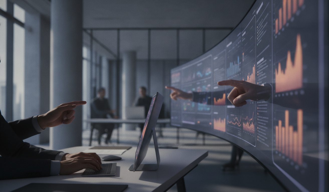 lançamento de sites — A modern office with people analyzing dashboards, soft natural lighting, professional photography style