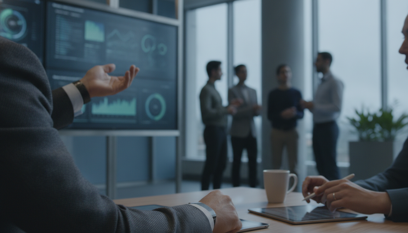 conteúdo gerado por IA — A modern office with people analyzing dashboards, soft natural lighting, professional photography style