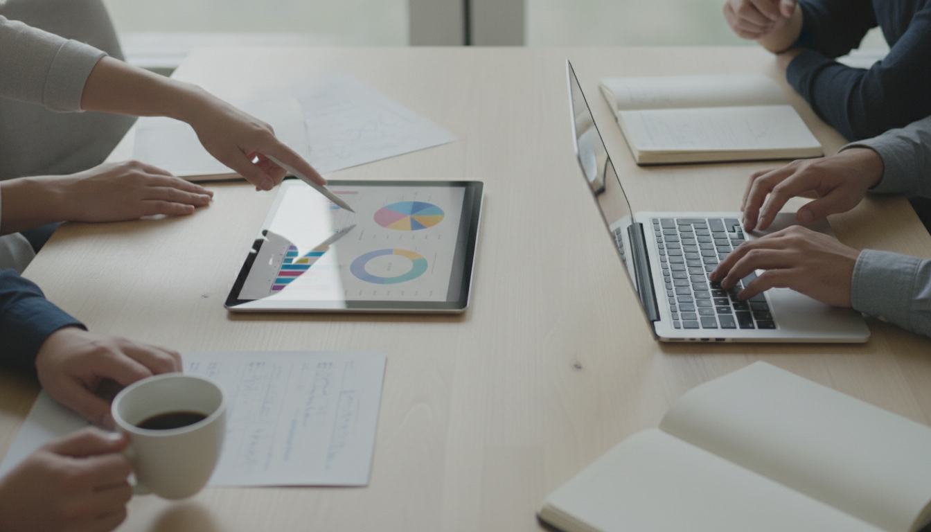 humanização digital — A modern office with people analyzing dashboards, soft natural lighting, professional photography style
