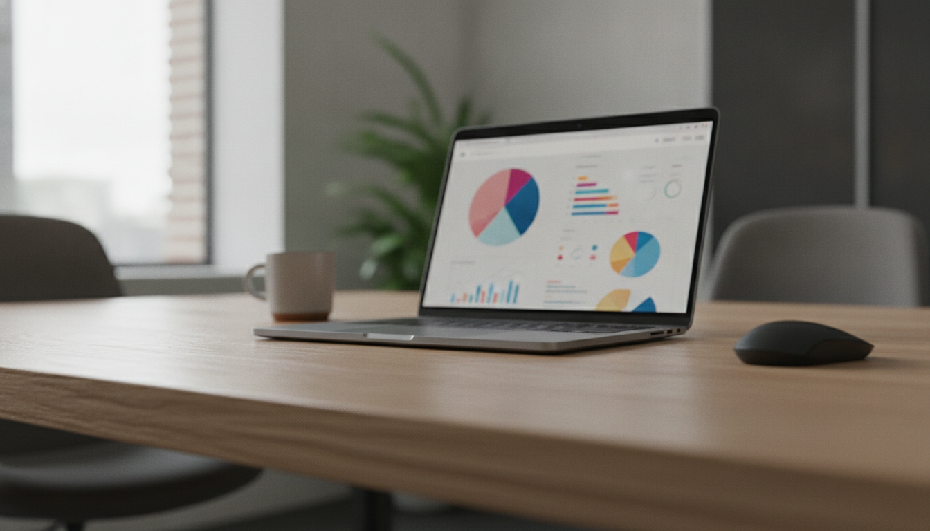 linkagem interna — A modern office with people analyzing dashboards, soft natural lighting, professional photography style