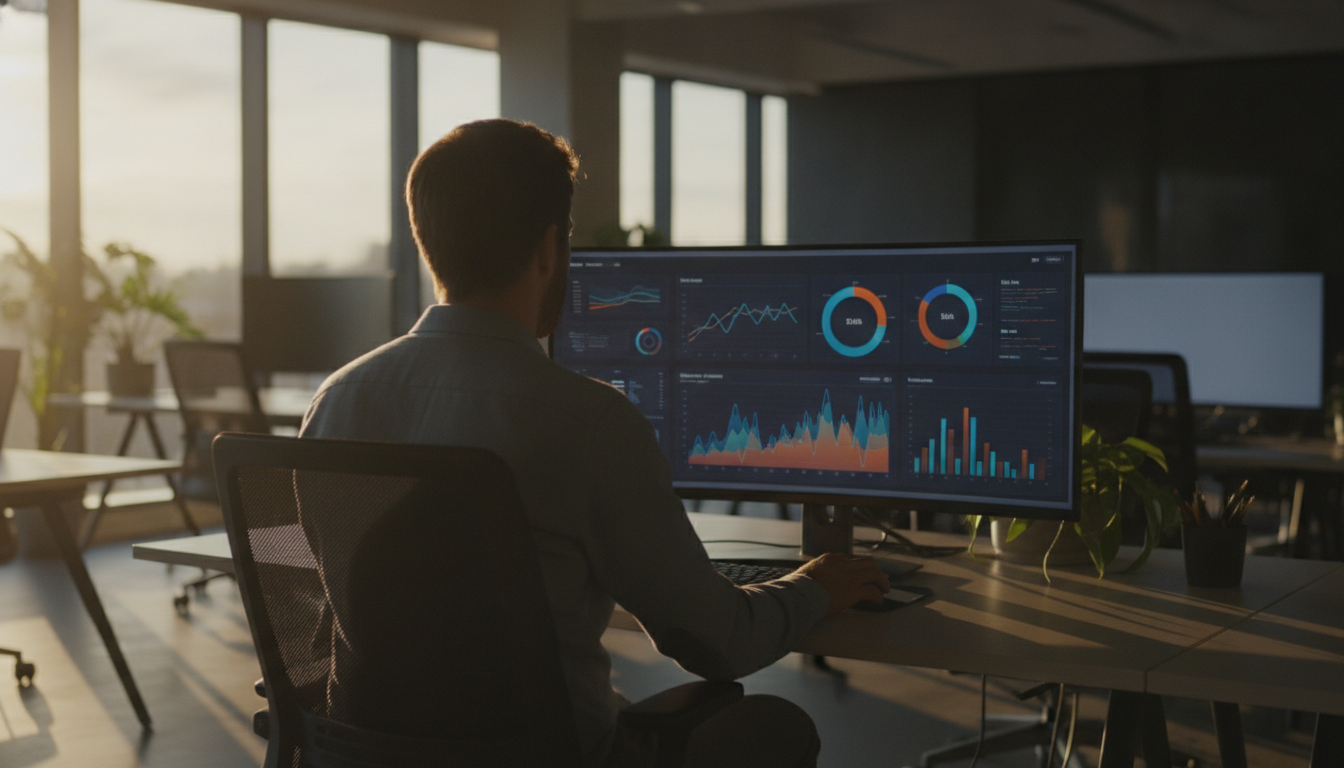 SEO de conteúdo — A modern office with people analyzing dashboards, soft natural lighting, professional photography style