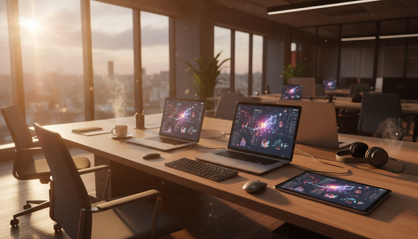 People working in a modern office setting, with digital tools and analytics on screens, natural light, professional photography