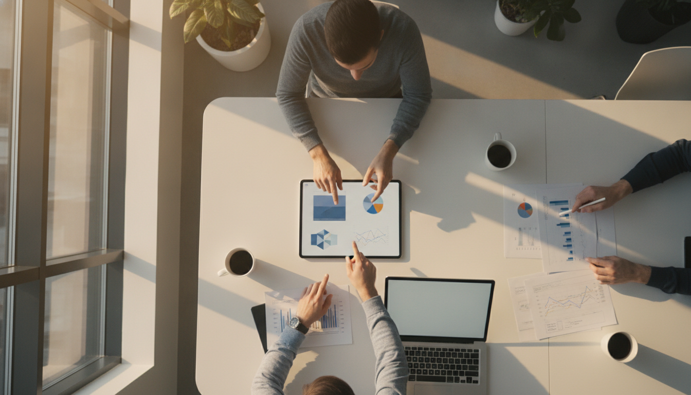 UX design eficiente — A modern office with people analyzing dashboards, soft natural lighting, professional photography style