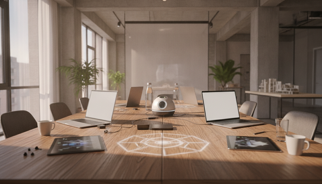 voice search SEO — A team of professionals discussing around a table with digital devices, warm ambient lighting, professional photography style