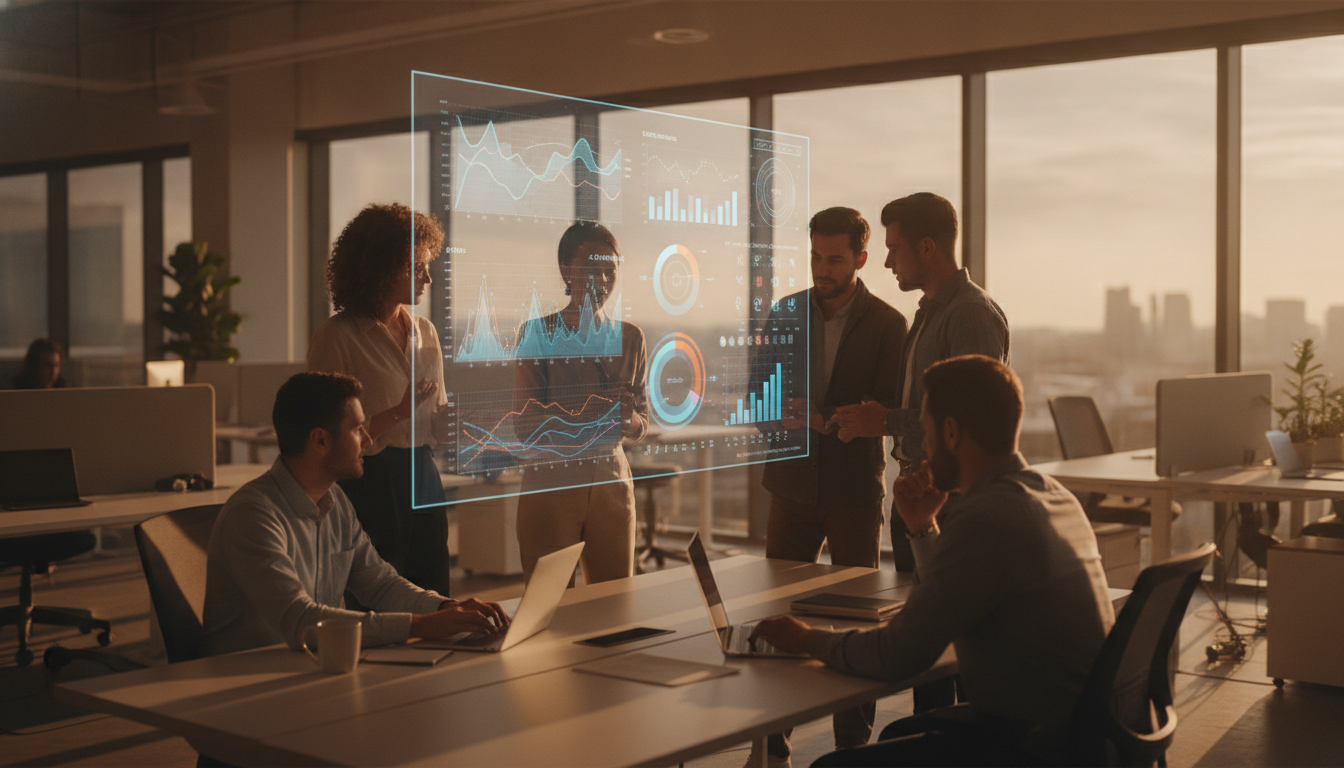 A digital dashboard showing analytic graphs and metrics, bright modern office lighting