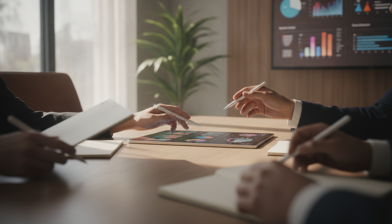 plataforma digital — A modern office with people analyzing dashboards, soft natural lighting, professional photography style