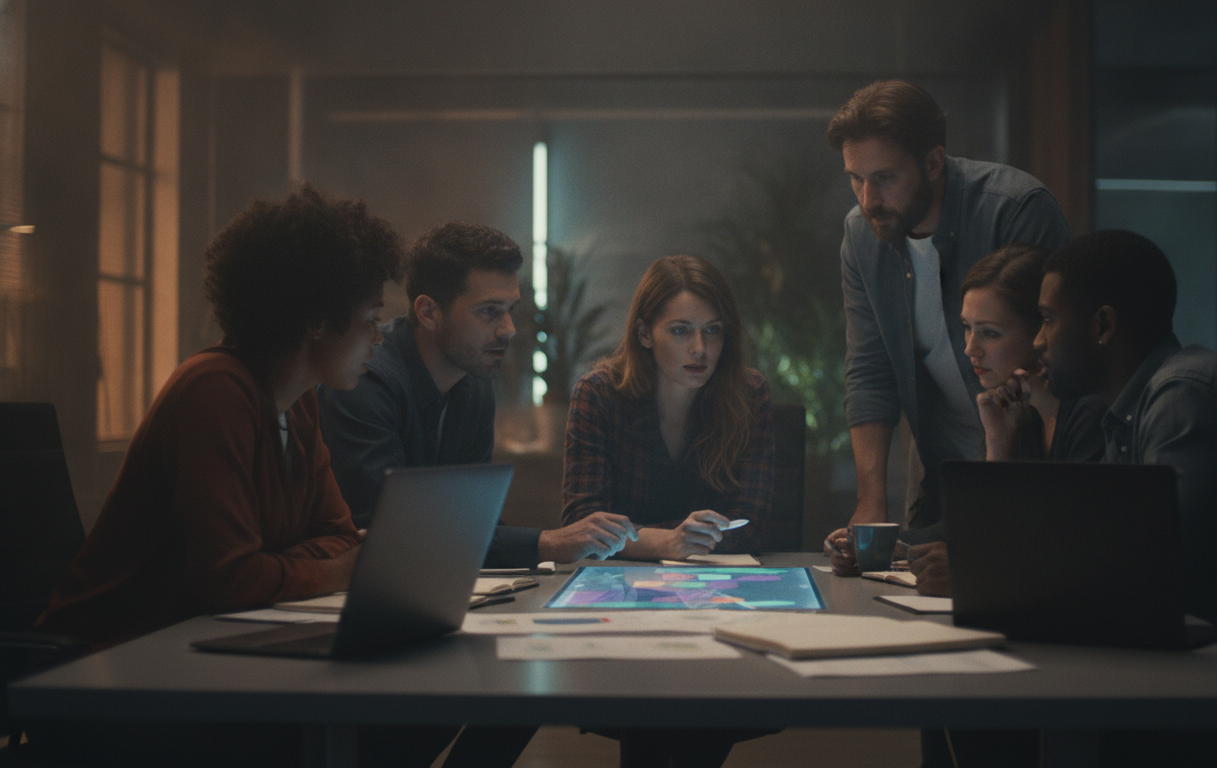 A diverse team of professionals collaborating on a digital project, modern office setting, vibrant colors