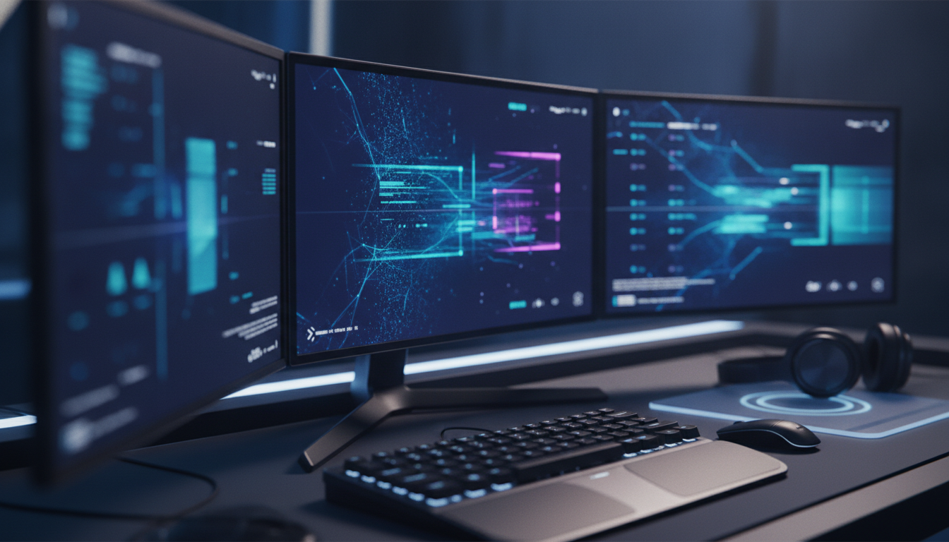 A tech-savvy workspace with multiple screens showing digital integrations, sleek and futuristic design