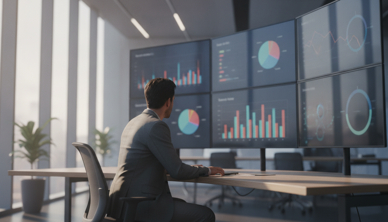 fracasso digital — A modern office with people analyzing dashboards, soft natural lighting, professional photography style