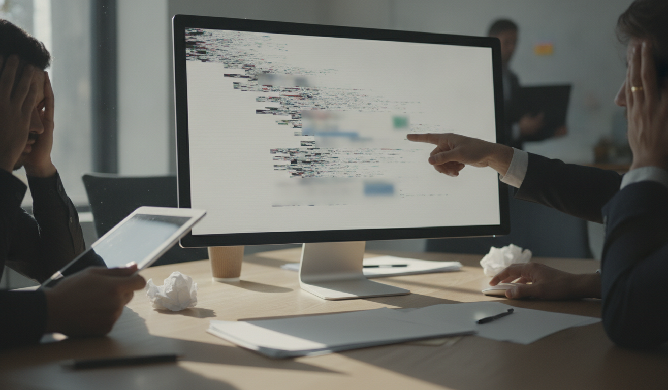 A frustrated business team looking at a failing website, expressions of concern, dim lighting
