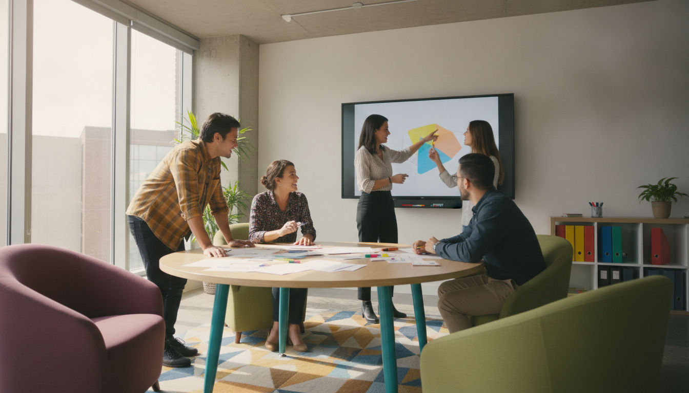 A team brainstorming in a bright, modern office, vibrant colors, collaborative atmosphere