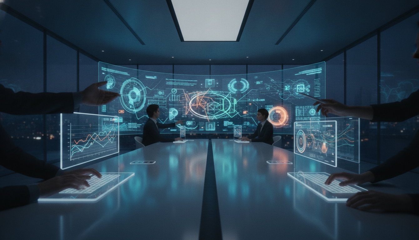 A team of professionals discussing data on large screens, high-tech modern office environment