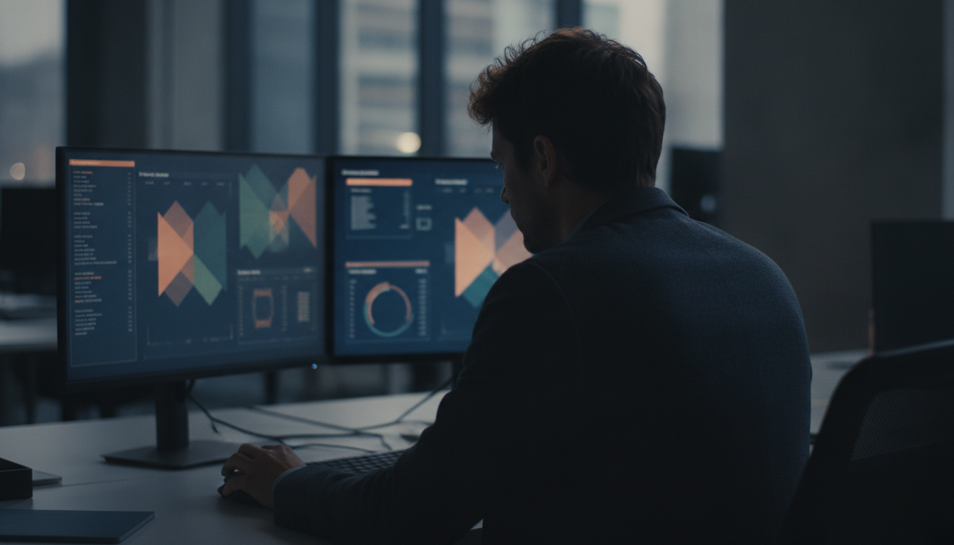 SEO local nacional — A modern office with people analyzing dashboards, soft natural lighting, professional photography style
