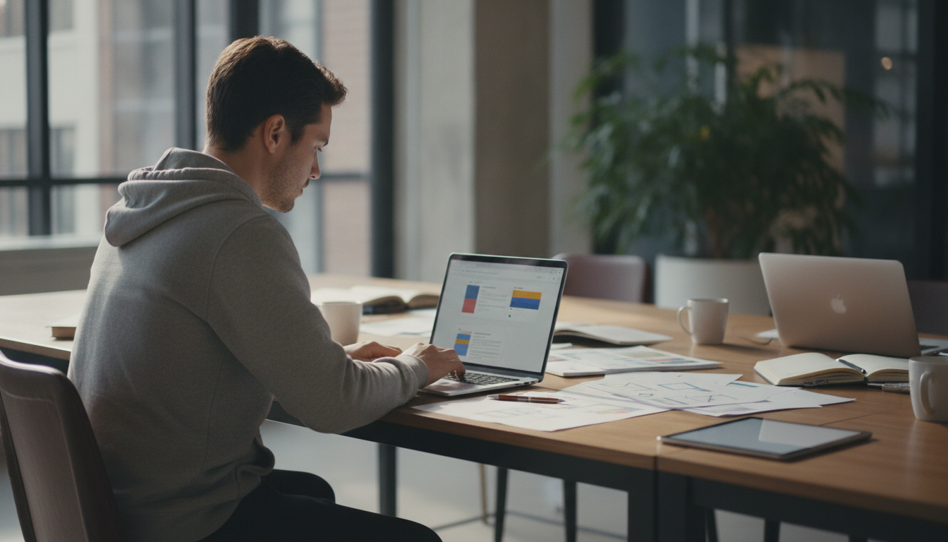 redesign de sites — A team of designers working on a website redesign, with sketches and laptops on a large table, in a modern office environment