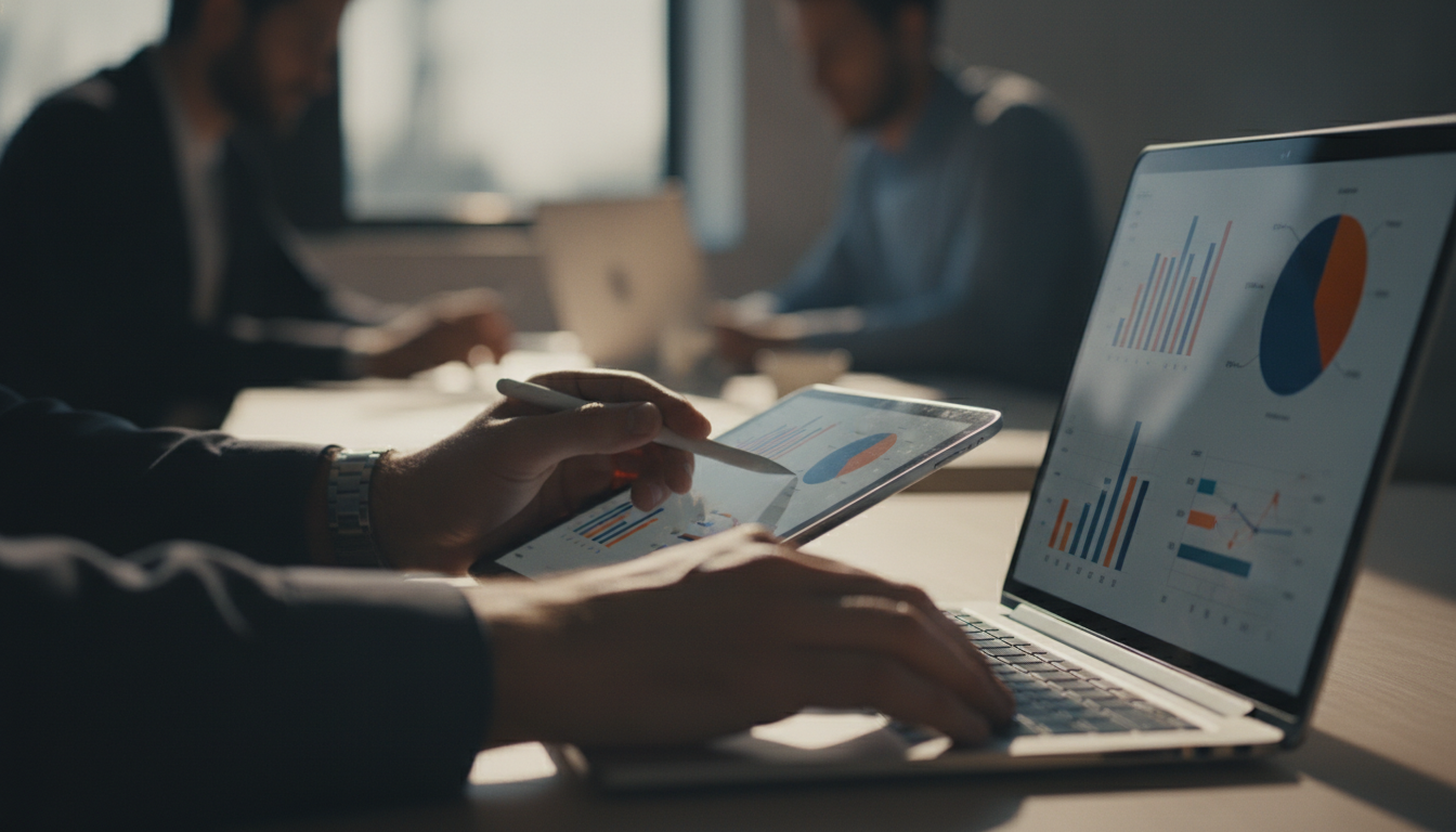 velocidade do site — A modern office with people analyzing dashboards, soft natural lighting, professional photography style